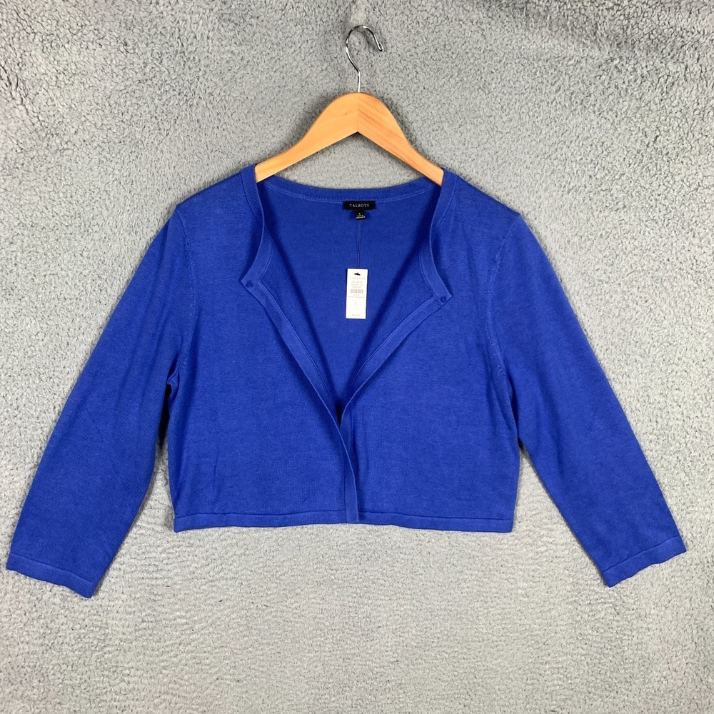 Talbots Crop Cardigan Womens Large L Blue Cotton Modal Sweater NWT $69